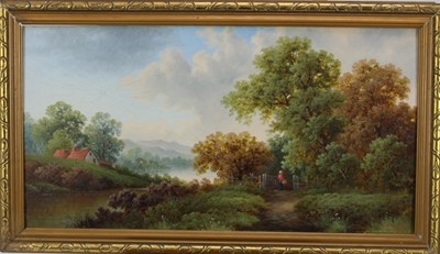 Lot 1045 - M. Winder oil on board- wooded river landscape with a figure on a path 
in the foreground, signed and dated 1903, 
in gilt frame. 30 x 57cm.