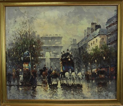 Lot 1082 - Johnny Gaston (b. 1955) oil on canvas board- Parisian scene with a horse drawn coach and the Arc de Triomphe beyond, signed, in gilt frame. 
50 x 60cm.