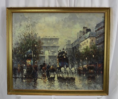 Lot 1082 - Johnny Gaston (b. 1955) oil on canvas board- Parisian scene with a horse drawn coach and the Arc de Triomphe beyond, signed, in gilt frame. 
50 x 60cm.