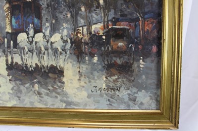 Lot 1082 - Johnny Gaston (b. 1955) oil on canvas board- Parisian scene with a horse drawn coach and the Arc de Triomphe beyond, signed, in gilt frame. 
50 x 60cm.