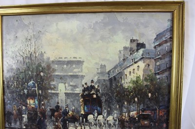 Lot 1082 - Johnny Gaston (b. 1955) oil on canvas board- Parisian scene with a horse drawn coach and the Arc de Triomphe beyond, signed, in gilt frame. 
50 x 60cm.