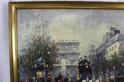 Lot 1082 - Johnny Gaston (b. 1955) oil on canvas board- Parisian scene with a horse drawn coach and the Arc de Triomphe beyond, signed, in gilt frame. 
50 x 60cm.