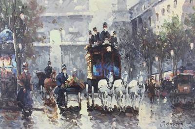 Lot 1082 - Johnny Gaston (b. 1955) oil on canvas board- Parisian scene with a horse drawn coach and the Arc de Triomphe beyond, signed, in gilt frame. 
50 x 60cm.