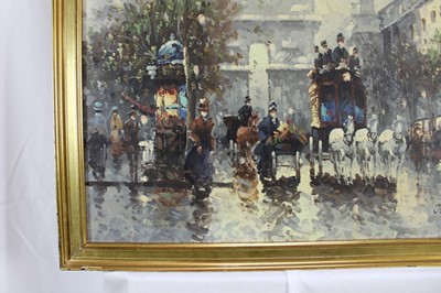 Lot 1082 - Johnny Gaston (b. 1955) oil on canvas board- Parisian scene with a horse drawn coach and the Arc de Triomphe beyond, signed, in gilt frame. 
50 x 60cm.