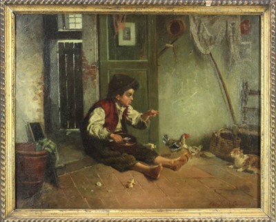 Lot 1046 - Elizabeth Gardner, 19th century oil on canvas- interior scene with a seated boy stopping a cat 
from attacking chickens, signed, 
in gilt frame. 42 x 52cm.