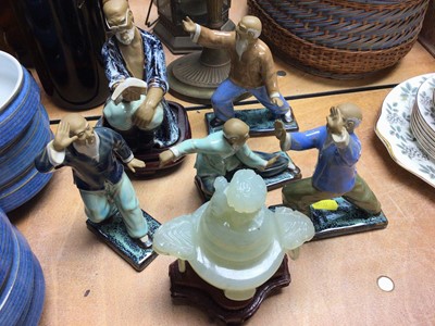 Lot 414 - Chinese green hardstone censor together with a group of Japanese figures