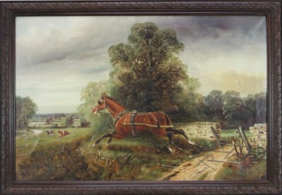 Lot 1048 - Edward Priestley 19th century oil on 
canvas-  A runaway cart horse chasing the hunt, signed, in oak frame. 49 x 75cm.