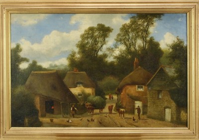 Lot 1043 - Charles Vickers (1821 - 1895), oil on canvas a scene in Cockington Village, Devon, with  
rustic figures and animals, signed, 
in gilt frame. 39 x 60cm.