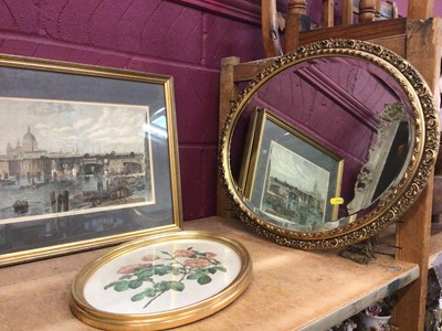 Lot 549 - Oval gilt framed wall mirror, London scene prints and other pictures and prints