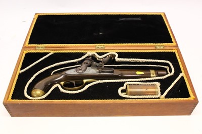 Lot 950 - Large French-style oversized percussion military-style pistol in case with powder flask