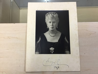 Lot 25 - H.M.Queen Mary, fine 1940s signed portrait photograph of the Queen wearing diamond and pearl jewellery by Hay Wrightson signed in ink on mount ' Mary R 1947', 33 x 24 cm