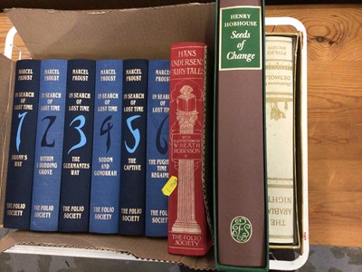 Lot 514 - Box of Folio Society books, together with a collection of postcards and Meccano magazines