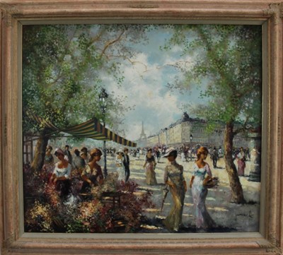 Lot 1063 - Late 20th century Janeck oil on canvas- Parisienne flower market scene