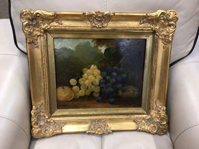 Lot 385 - 19th century oil on board, still life of grapes and birds nest