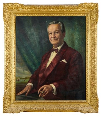 Lot 1062 - *Hilda Kidman (1891-1980) oil on canvas half length portrait of a gentleman, racecourse beyond, in an 18th century gilt frame