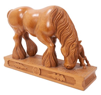 Lot 822 - Manner of Robert Mouseman Thompson: Carved oak sculpture of a heavy horse and foal