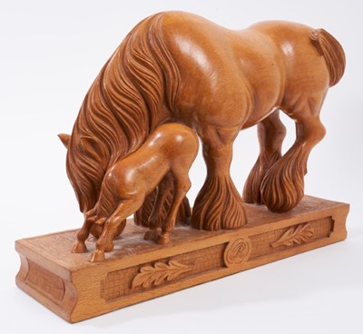 Lot 822 - Manner of Robert Mouseman Thompson: Carved oak sculpture of a heavy horse and foal