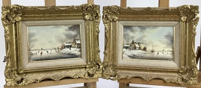 Lot 97 - Pair of modern oils on panel - 17th century Dutch skating scenes, 18cm x 13cm, framed