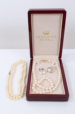 Lot 40 - Two cultured pearl necklaces, pair of cultured pearl earrings and a cultured pearl silver dress ring