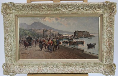 Lot 1067 - Pair of continental oils on board- figures walking along the harbour, indistinctly signed