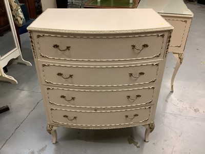 Lot 882 - French style cream and gilt bedroom suite comprising chest of four drawers, 75cm wide, 49cm deep, 88.5cm high, dressing table, 107cm wide, 50cm deep, 78cm high, bedside chest, 47cm wide, 36cm deep,...