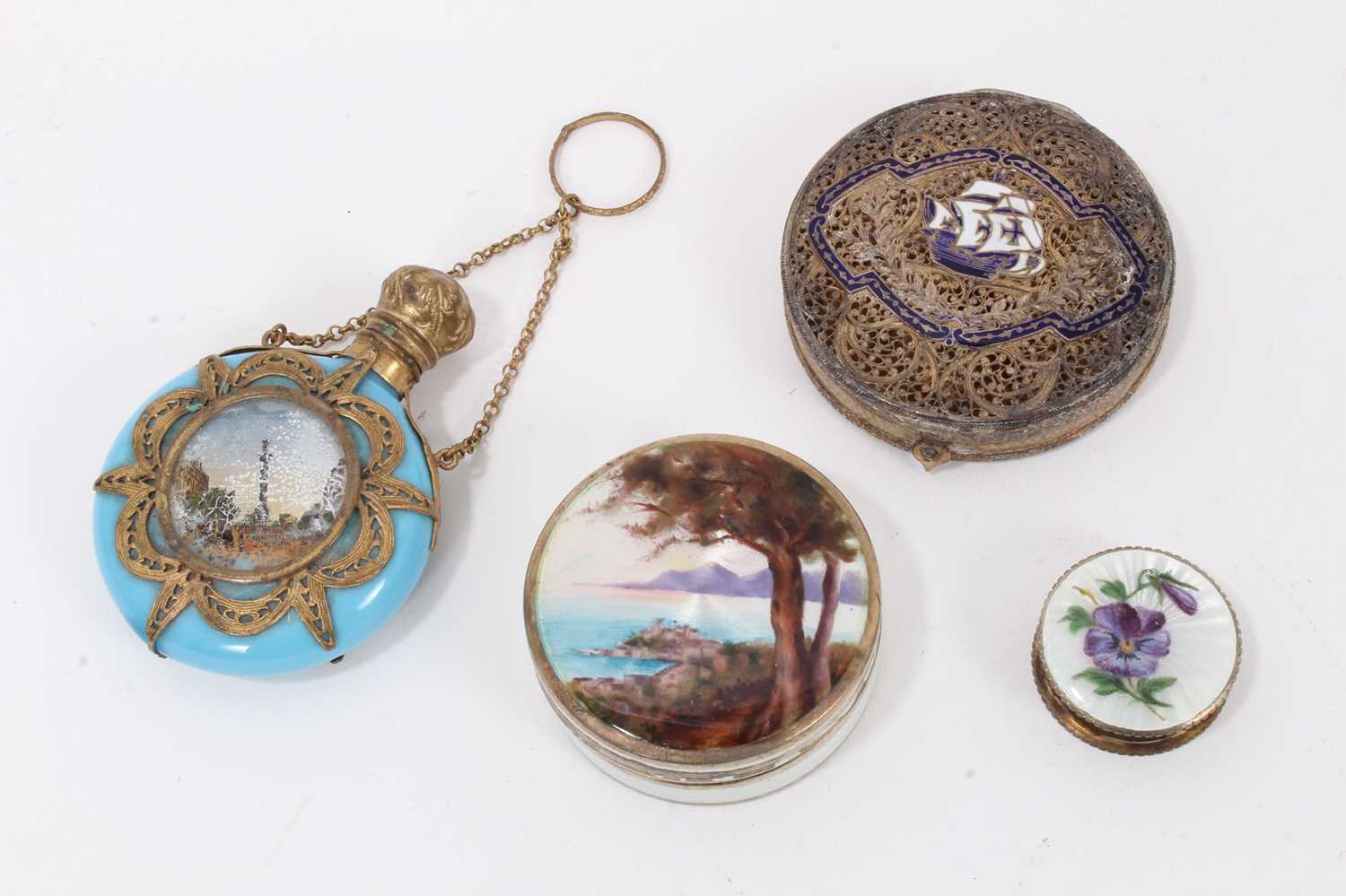 Lot 799 - Continental enamel filigree box, three further boxes