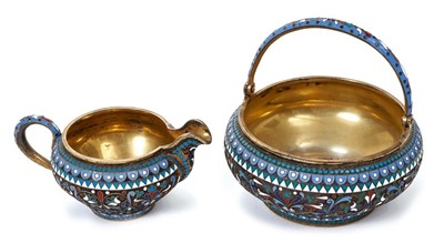 Lot 422 - Imperial Russian cloisonné sugar bowl and milk jug