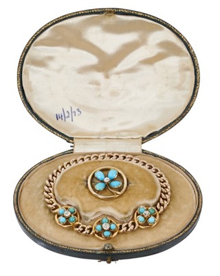 Lot 567 - Late Victorian 15ct gold diamond and turquoise bracelet and brooch in original fitted leather box