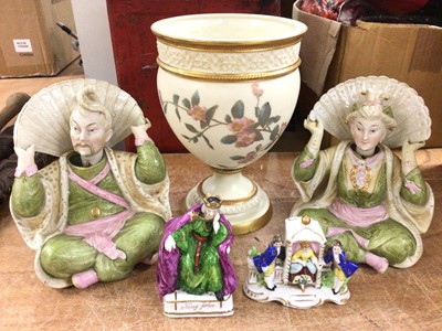 Lot 422 - Victorian Royal Worcester blush ivory pedestal vase, pair Continental nodding head seated figures and two other figure ornaments