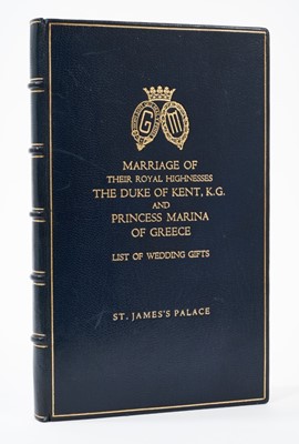 Lot 29 - The Marriage of T.R.H. The Duke of Kent and Princess Marina of Greece 29th November 1934, rare signed de-luxe list of Wedding gifts with gilt tooled blue leather binding, signed on inner page ' Geo...