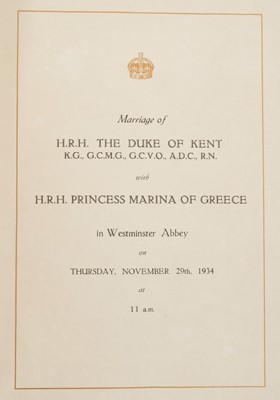 Lot 30 - The Marriage of H.R.H. The Duke of Kent with H.R.H.Princess Marina of Greece November 29th,1934- rare hard back Order of Service book in white and gilt tooled binding for senior guests. Provenance:...