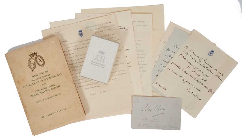 Lot 34 - The Marriage of H.R.H. The Duke of Gloucester and The Lady Alice Montagu-Douglas-Scott 6 th November 1935, scarce list of Wedding gifts , wedding cake box with silvered AH monogram and various corr...