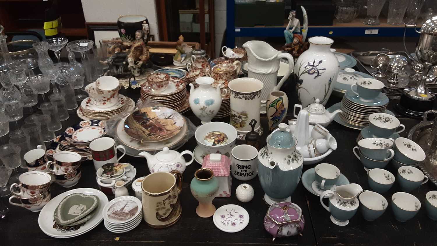 Lot 145 - Large quantity of of ceramics including Wedgwood Ice Rose vase, Meadowland Bird vase by Franklin Porcelain, Royal Doulton Rose Elegans TC1010 part tea, coffee and dinner service