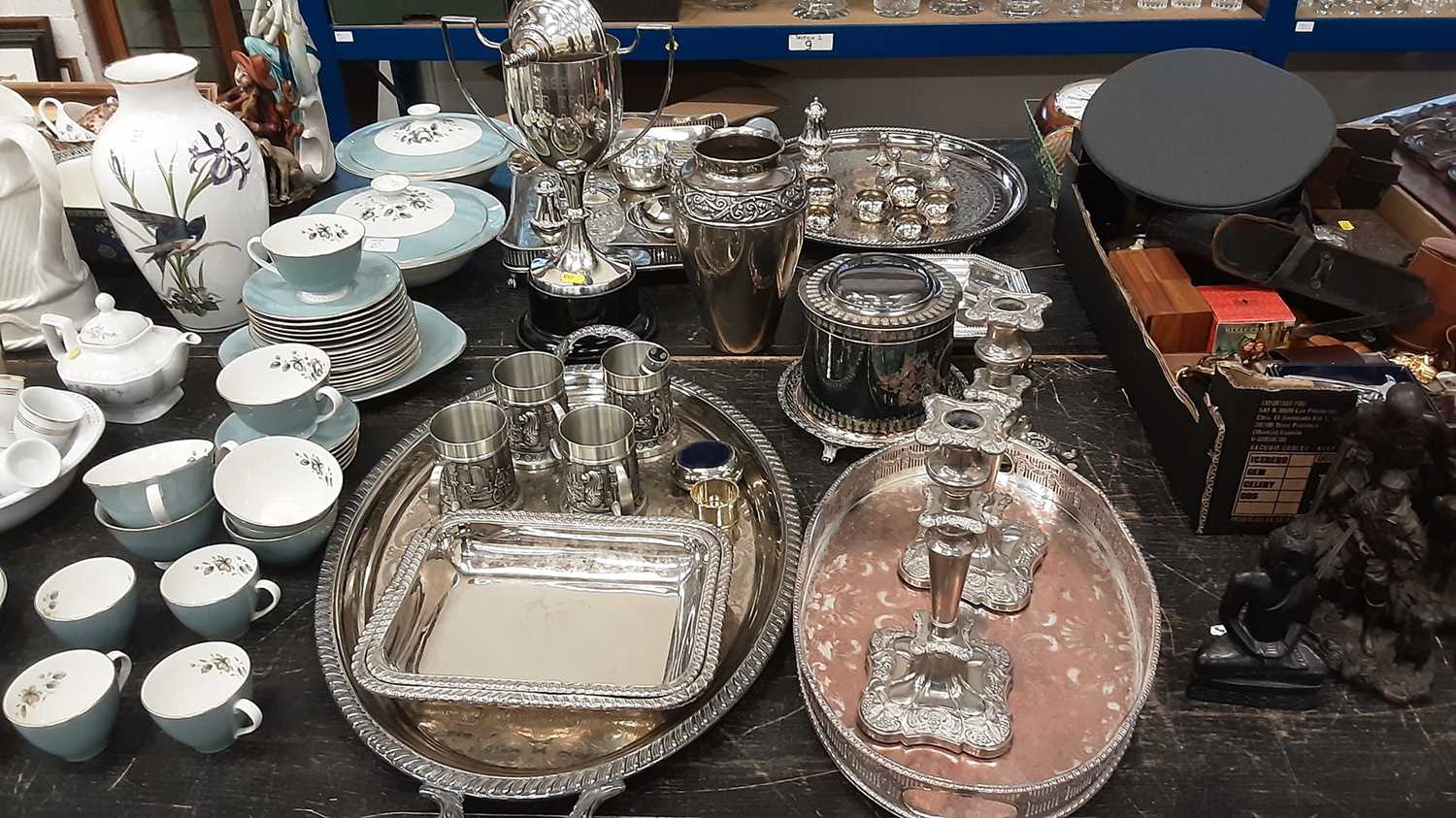Lot 146 - Selection of silver plate including pair of candlesticks, various trays, napkin rings etc