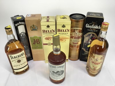 Lot 145 - Whisky - nine bottles, Glenfiddich Clan Sinclair, Grant's, Bells and others