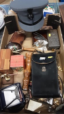 Lot 147 - Two boxes of mixed items including penknives, stackable hunting cups, similar decanter set, old camera, packs of playing cards etc