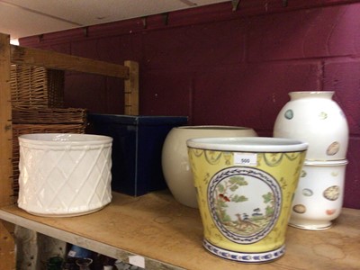 Lot 500 - Ceramic pail with fox and cockerel scene, three white graduated planters and others