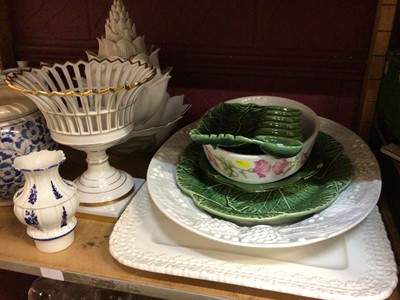 Lot 502 - White artichoke posy holder, two pairs of blue and white posy holders and matching vase, two floral shaped candle stick holders and moulded motif serving dishes