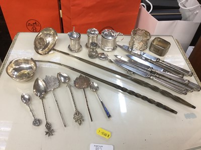 Lot 713 - Group of silver and white metal items to include two toddy ladles, silver mustard pot, silver handled tea knives and other items (qty)