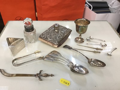 Lot 714 - Silver mounted blotter, silver fiddle pattern teaspoons, silver napkin ring and other items (1 box)