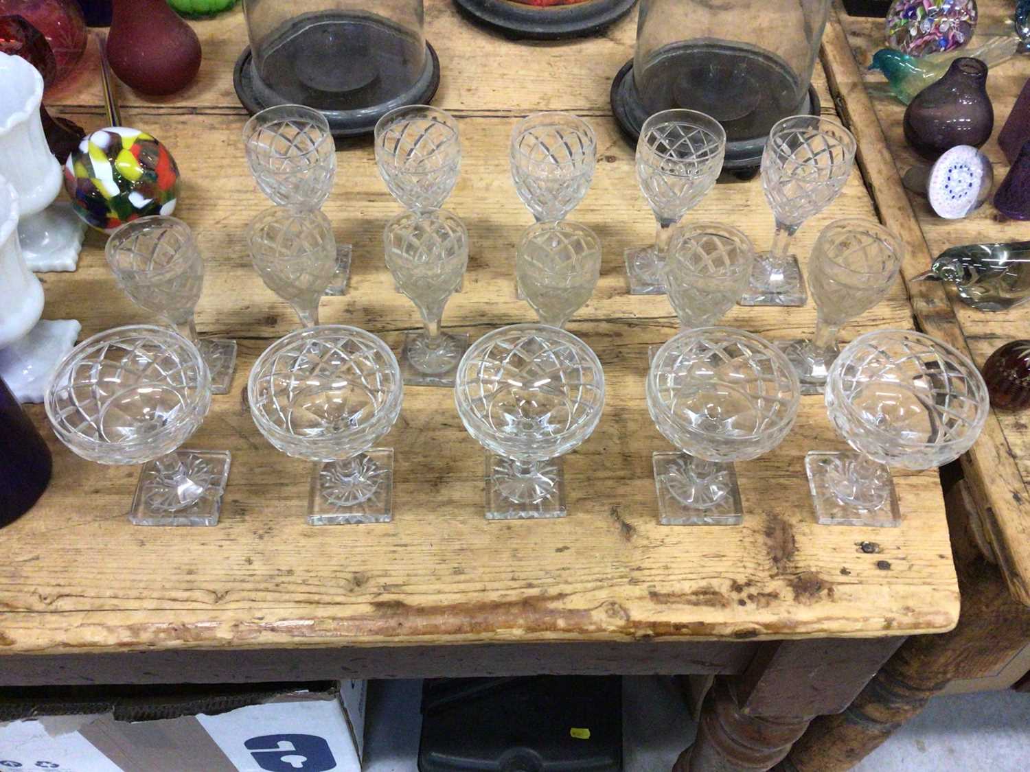 Lot 14 - Good collection of 19th century drinking glasses, diamond-cut with square bases, sixteen glasses overall in three different sizes