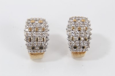 Lot 666 - Diamond earrings with brilliant cut and baguette cut diamonds in 9ct yellow gold setting, estimated total diamond weight approximately 0.60cts