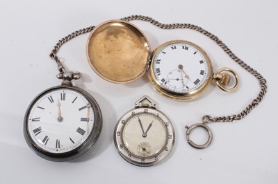 Lot 740 - Georgian silver pair cased pocket watch, Art Deco silver dress pocket watch and gold plated full hunter pocket watch (3)