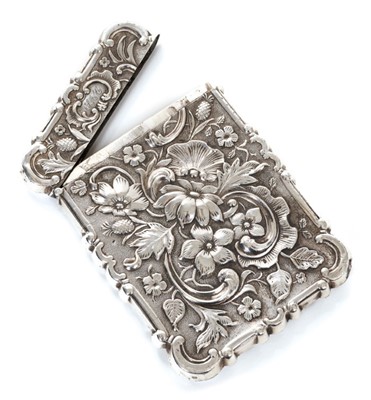 Lot 377 - 19th century American silver metal castle top card case with relief scene of Battle Abbey, Sussex