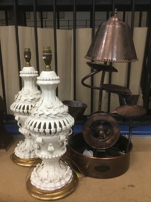 Lot 204 - Pair of white glazed pottery table lamps, total height 55cm, together with a Fantasia water cascade lamp. (3)