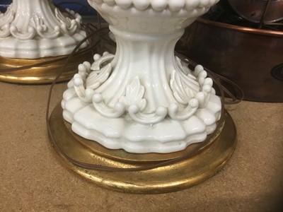 Lot 204 - Pair of white glazed pottery table lamps, total height 55cm, together with a Fantasia water cascade lamp. (3)