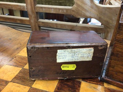 Lot 195 - Old oak church collection box with carved mouse and a Victorian money collection box dated 1872.
