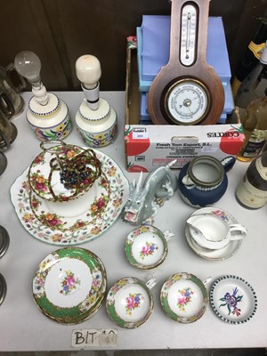 Lot 265 - Pair of Poole pottery lamps, Royal Albert Old Country Roses pattern two tier cake stand, Wedgwood plates and Edwardian barometer.