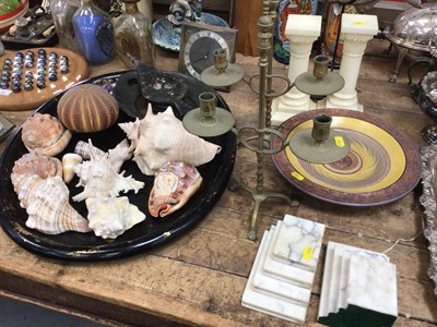 Lot 22 - Sundry decorative items, including seashells, china, glassware, candlesticks, sculptures, etc