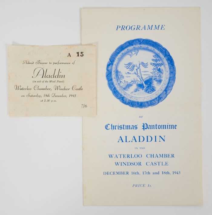 Lot 41 - Rare wartime Royal Pantomime programme and ticket for 'Aladdin' at Windsor Castle December 16th-18th 1943, starring Princess Elizabeth as Aladdin and Princess Margaret as Princess Roxana  (2)